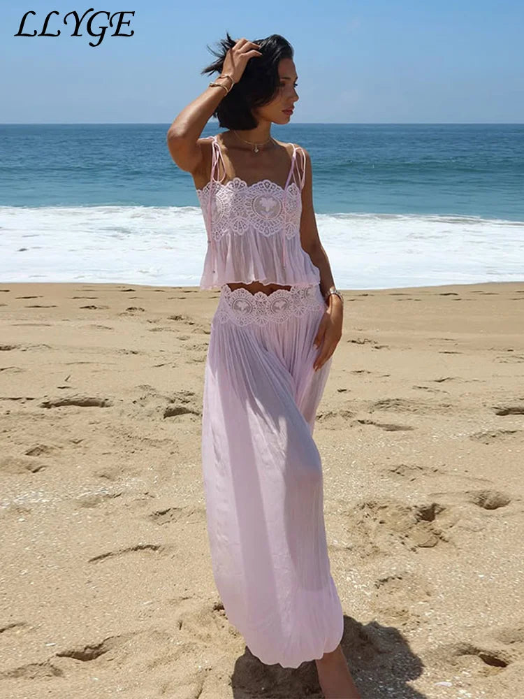 Beach Floral Lace Hollow Out Women's Pants Sets Ruffles Spaghetti Strap Crop Tops Loose Pleated Lantern Pant 2026 Summer Suits