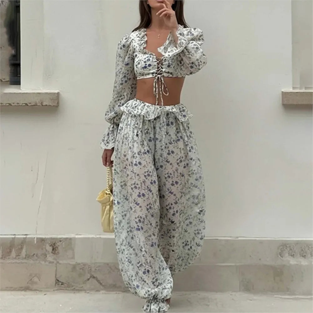 Ruffled Trousers Short Tops Two-piece Set Spring Summer Women's Long-sleeved Waist Casual Fashion Trousers Set Костюм Женский