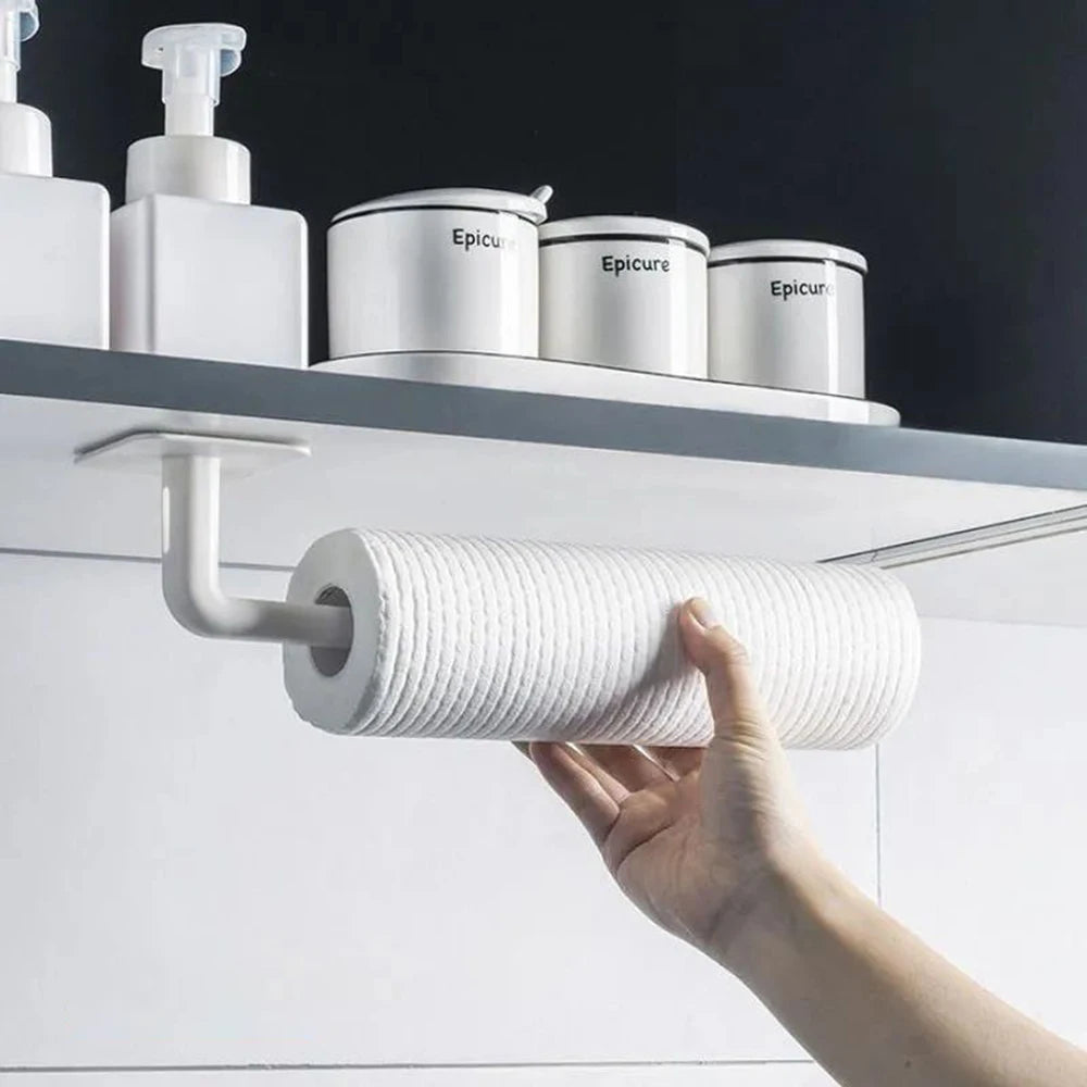 2Pcs No Hole Multifunctional Hooks Lazy Rag Hangers Kitchen Wall Mounted Paper Towel Organiser