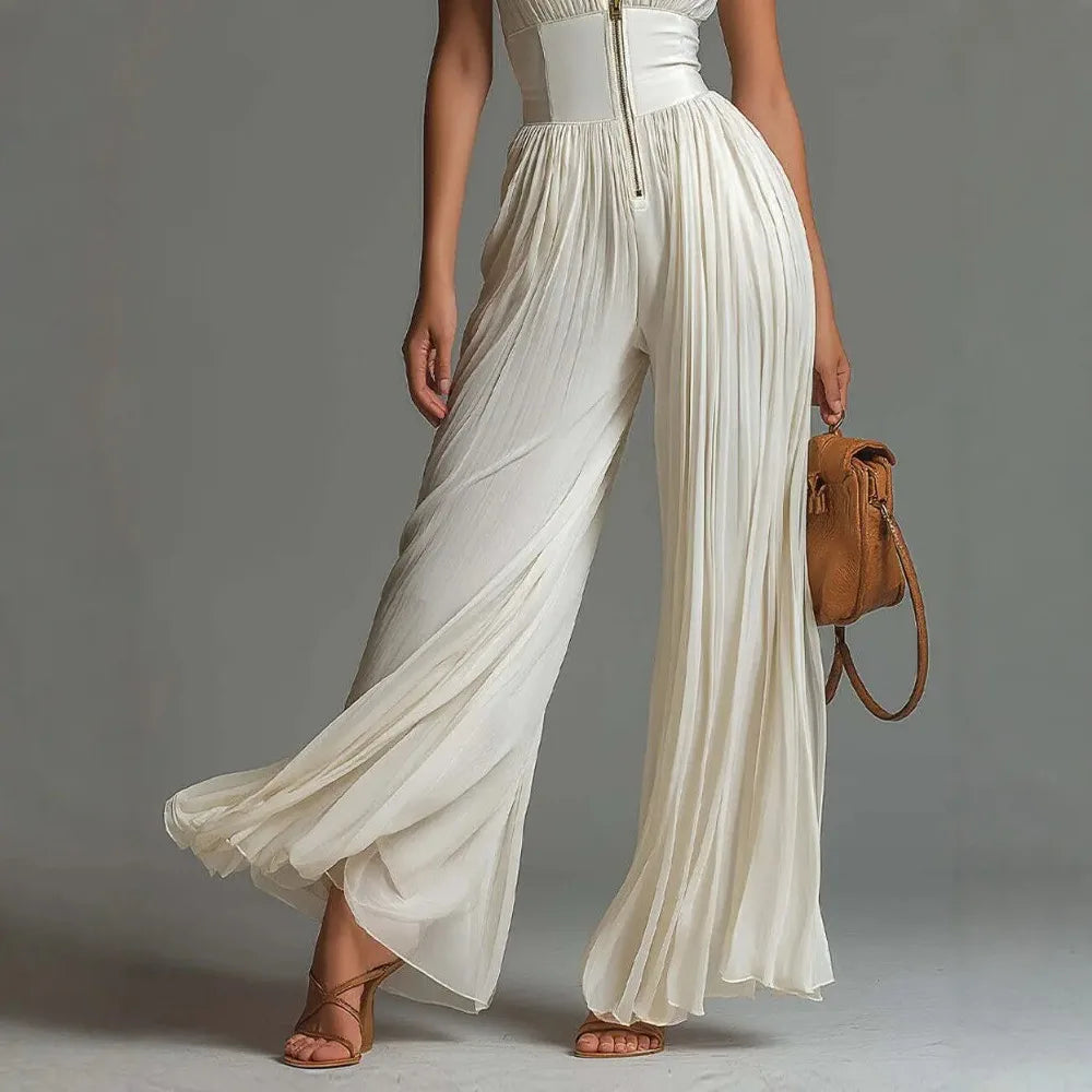 Women's White Pleated Halter Sleeveless Jumpsuit Front Zip High Waist Wide Leg Floor Length Elegant Party Long Romper For Ladies