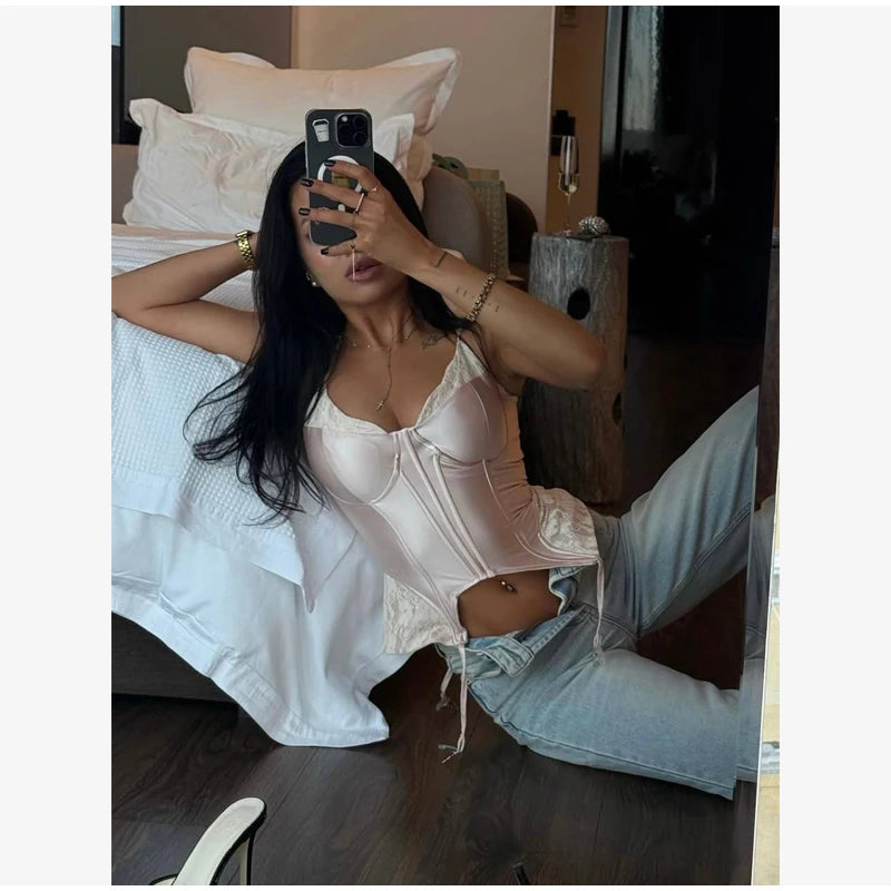 Women Fashion Lace Patchwork Sling Dress Sexy Sleeveless Waist-cinching V-neck Irregular Mini Dresses Summer Lady Party Robe New