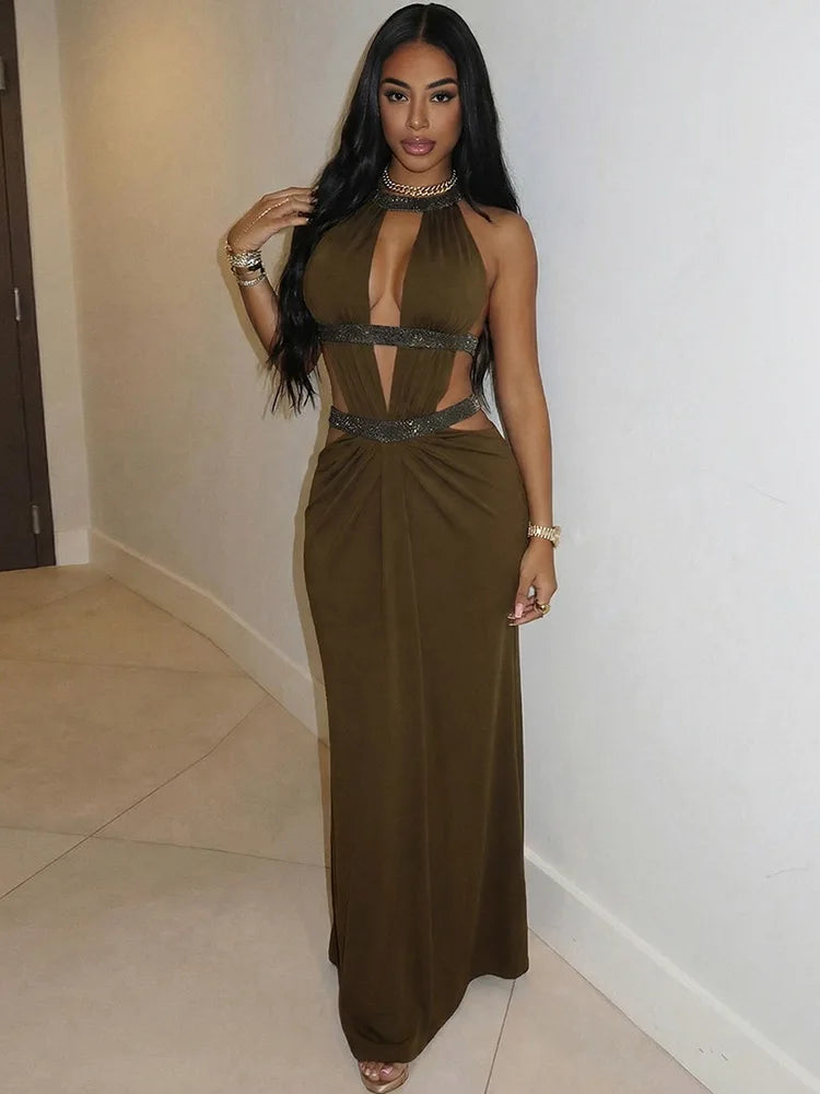 Hollow Out Halter Maxi Dress Sexy Pleated Solid Sleeveless Off Shoulder Backless Slim Women Dresses Fashion Party Gowns