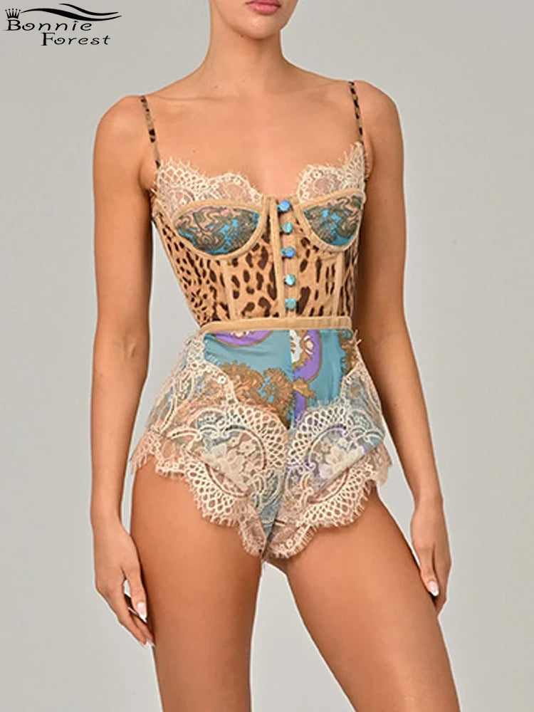 Bonnie Forest Sexy Vintage Lace Trim Bodysuit Women Leopard Print Corset Top Aesthetic Mix Media Patchwork One Piece Outfits