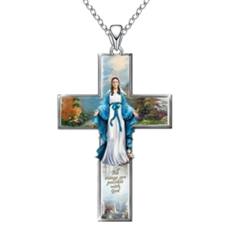Vintage Women Cross Pendant Religious Belief Jesus Cross Painted Sticker Pendant Charm Necklaces for Women Cross Jewelry Gift