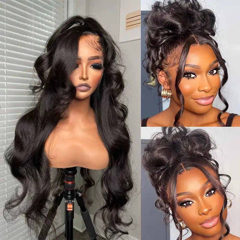 Natural Black Body Wave Remy Human Hair Wigs Lace Front Wig Pre Plucked Hairline 180% Density HD Transparent Lace Frontal Wig