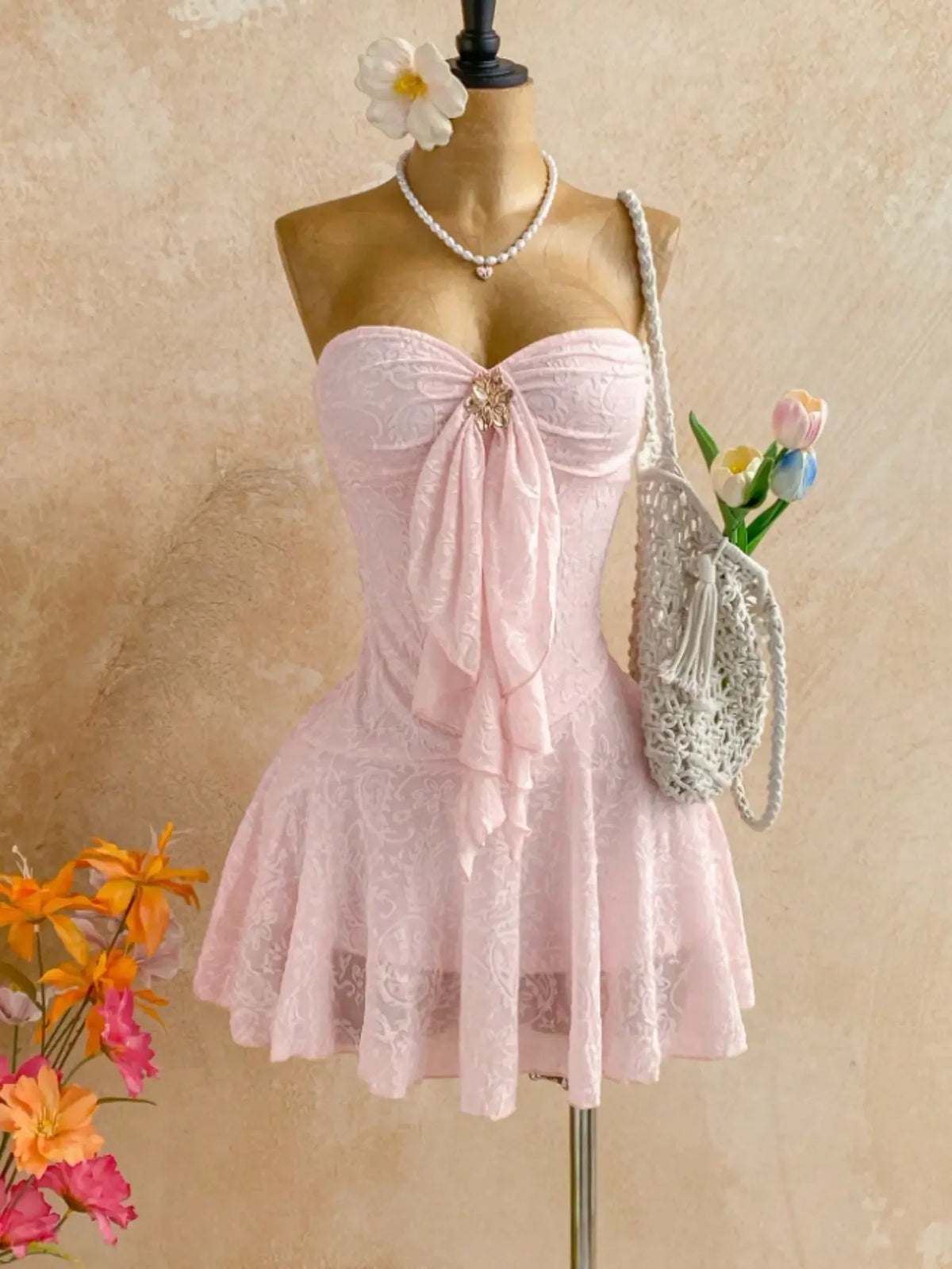 Women Sweetheart Strapless Embossed Lace Mini Night Dress, Front Ruffle Floral Brooch, Slim Fit Flared Skirt, Soft Cozy Loungewear, Nightwear, Feminine, Cute, Loungewear Nightdress