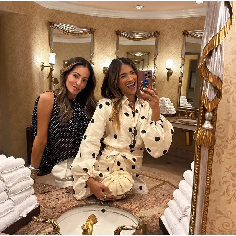 Casual White Polka Dot Print High Waist Mini Skirt Set Women Long Puff Sleeve Lapel Single Breast Lace-up Tops Set New Lady Wear