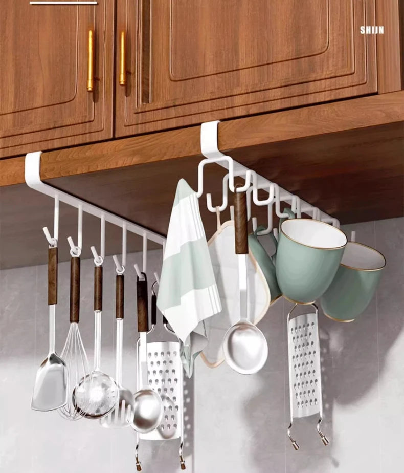 Household Kitchen Cabinet Bottom Shelf Hanging Hook, Non Perforated Cloth Rack, 6-Hook Organizing Rack, Spatula Hanging Rack