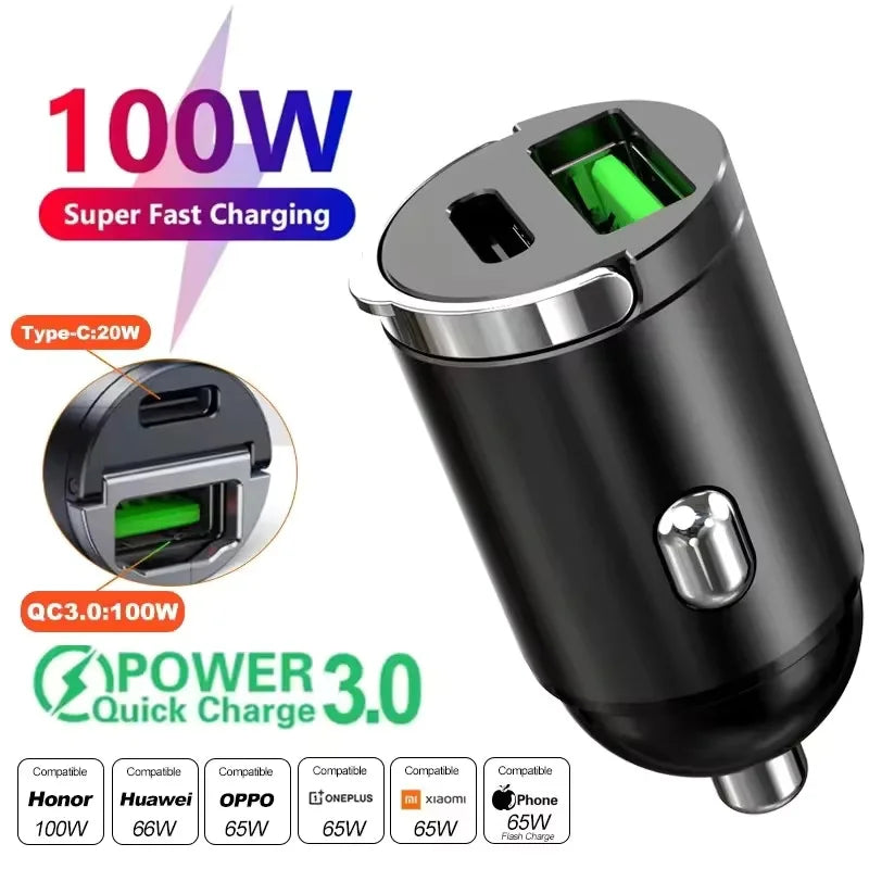 2026Car 200W Dual Port Mini USB Charger Ultra Fast Charging Cigarette Lighter Socket 12-24V Aluminum Cell Phone Charging Adapter