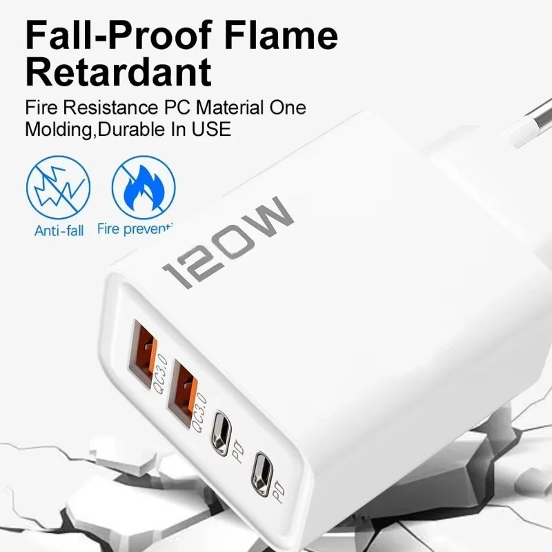 4 Port USB Charger Total 120W Fast Charging EU/US/UK Plug Wall Charger Mobile Phone Power Adapter For Phone Charge Type C Cable