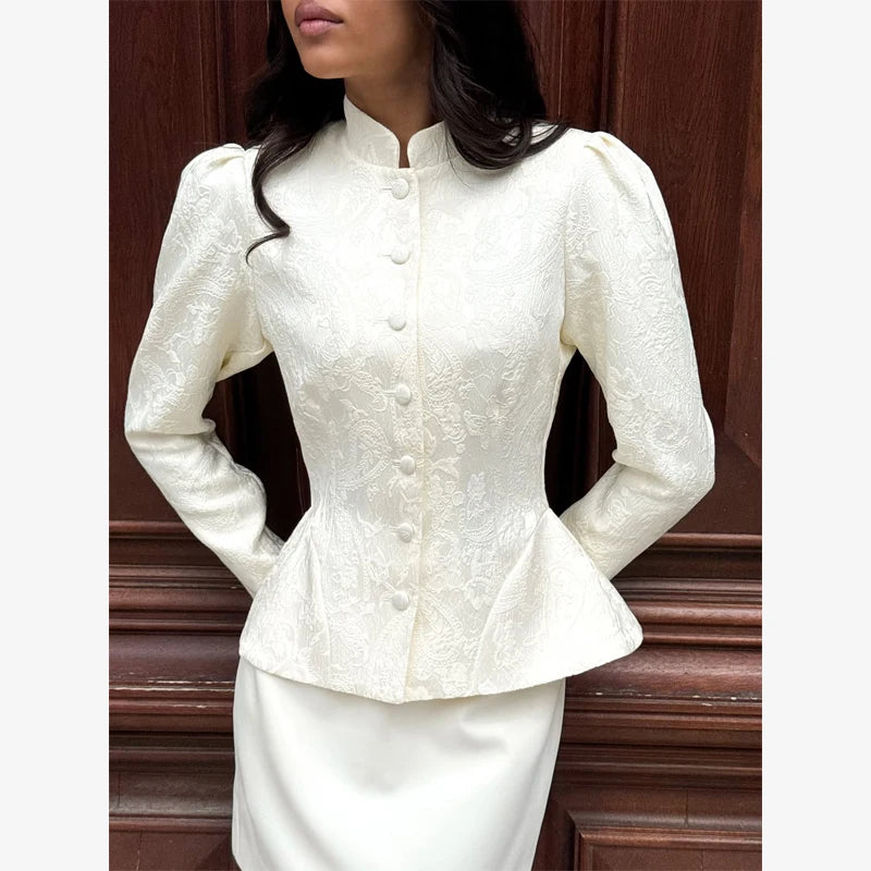 Solid Color Jacquard Glossy Satin Tops Women Chic Stand Collar Single Breasted Slim Fit Short Coats 2026 Lady Daily Outwear New