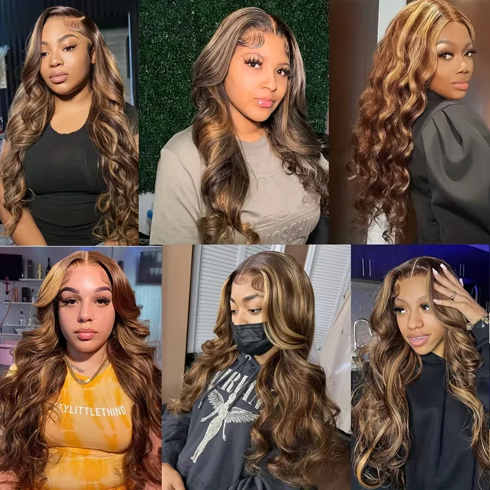 4/27 Highlight 13x4 13X6 HD Lace Frontal Human Hair Wigs 200% Density Ombre Blonde Body Wave Front 36 Inch For Women Brazilian