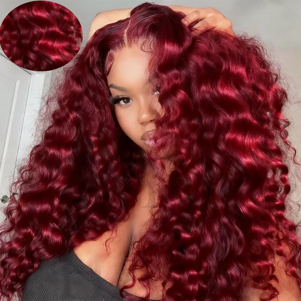 30 40 Inch Deep Wave 99J Burgundy 13x4 HD Lace Front Wig Human Hair Curly Water Wave 13x6 Hd Lace Frontal Brazilian Wigs 200 Density  99j Burgundy 13x6 Hd Lace Frontal Curly Human Hair Wig Red Wine