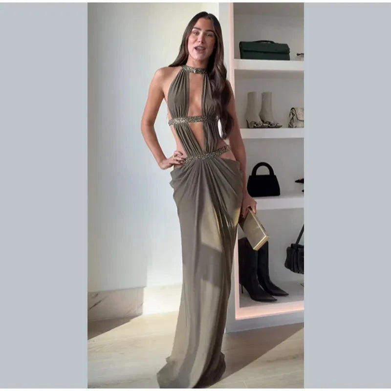 Hollow Out Halter Maxi Dress Sexy Pleated Solid Sleeveless Off Shoulder Backless Slim Women Dresses Fashion Party Gowns