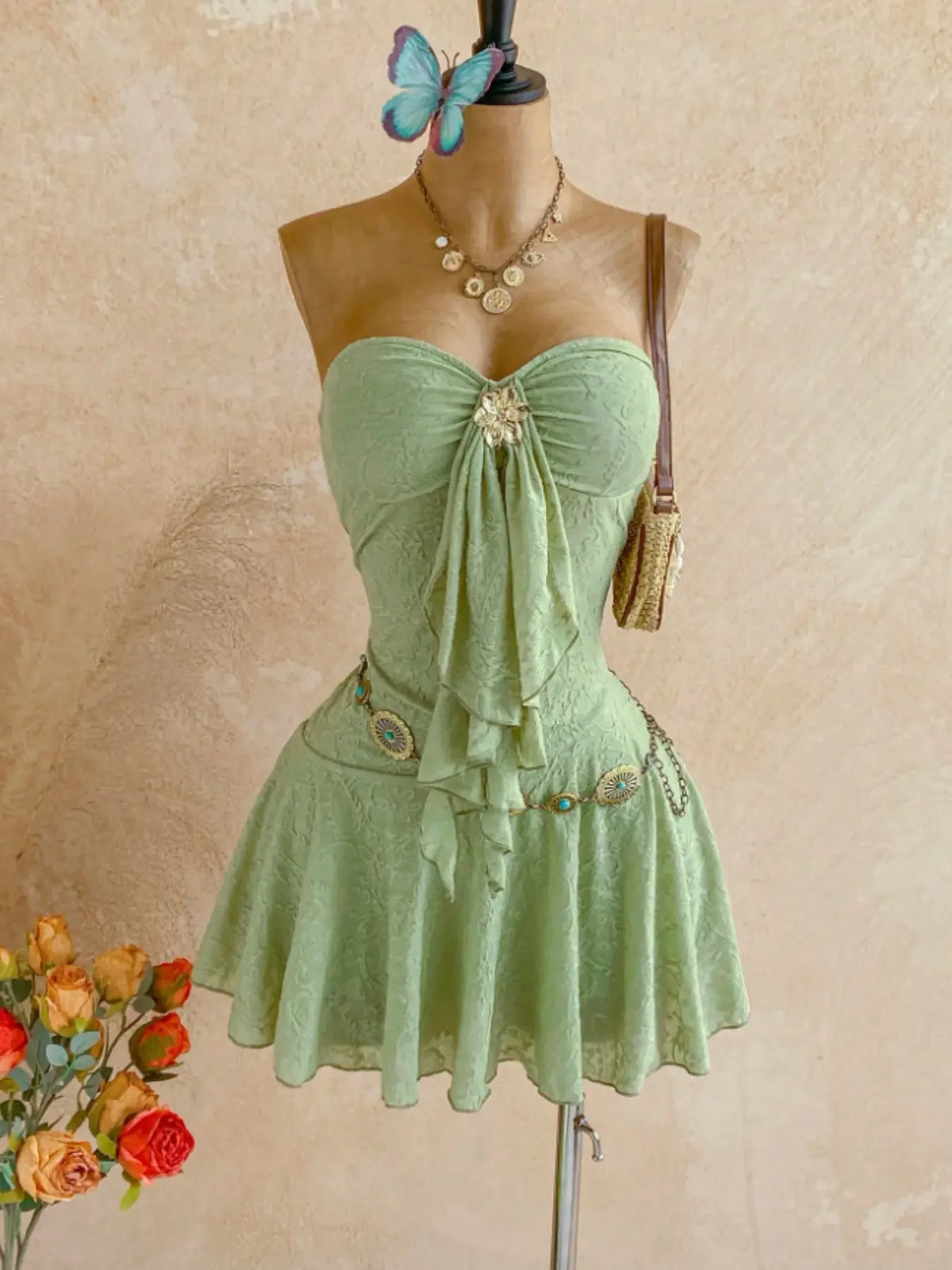 Women Sweetheart Strapless Embossed Lace Mini Night Dress, Front Ruffle Floral Brooch, Slim Fit Flared Skirt, Soft Cozy Loungewear, Nightwear, Feminine, Cute, Loungewear Nightdress
