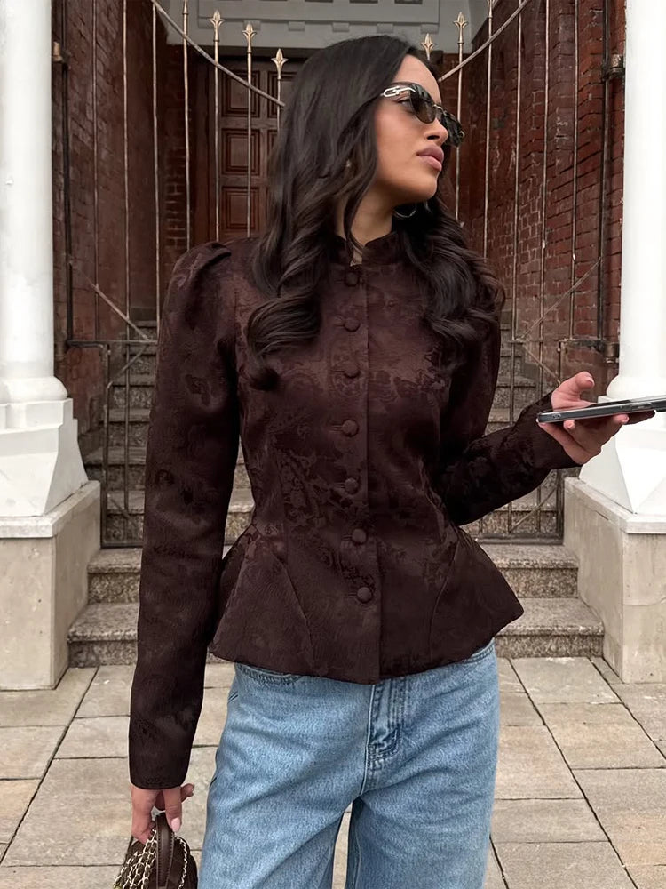 Solid Color Jacquard Glossy Satin Tops Women Chic Stand Collar Single Breasted Slim Fit Short Coats 2026 Lady Daily Outwear New