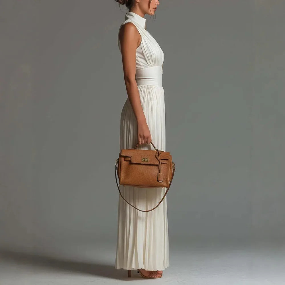 Women's White Pleated Halter Sleeveless Jumpsuit Front Zip High Waist Wide Leg Floor Length Elegant Party Long Romper For Ladies