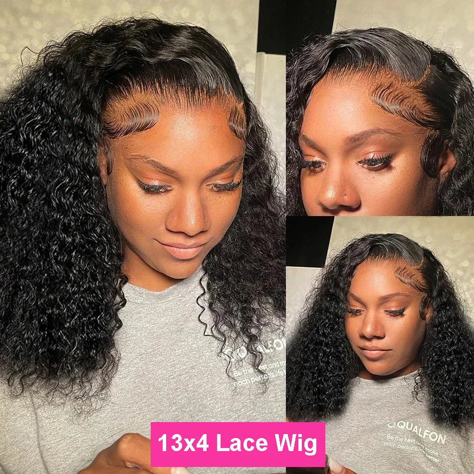 13x4 Lace Closure Wig 100% Human Hair Wig Deep Curly Wig Jerry Curly Short Bob Wig With Baby Hair Deep Wave Double Draw Wig For Black Women