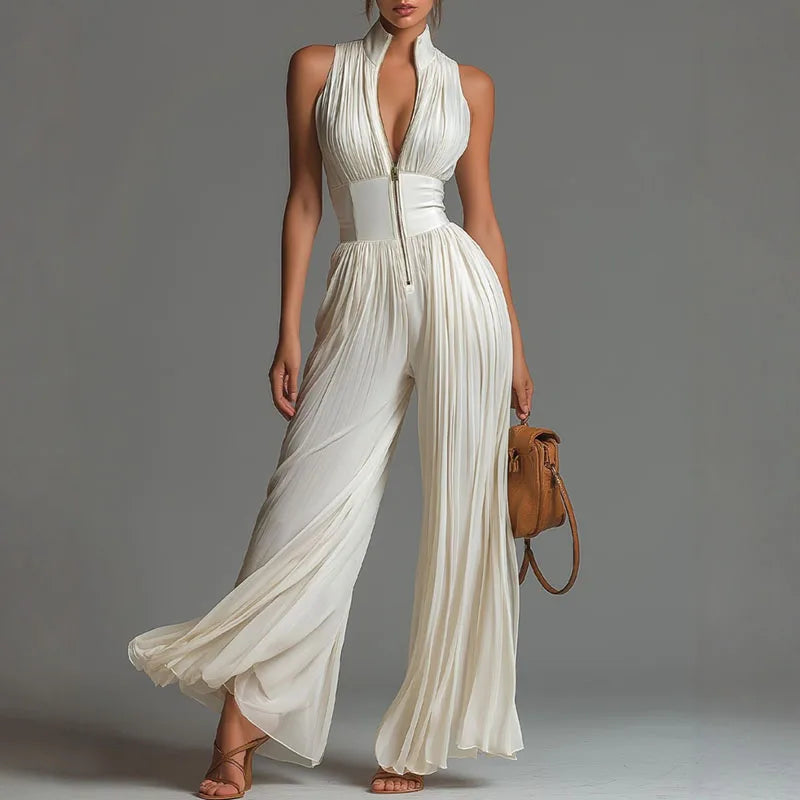 Spring Stand Collar Zipper Pleated Jumpsuit Women Elegant High Waist Wide Leg Long Pants Romper Summer Sleeveless Loose Overalls