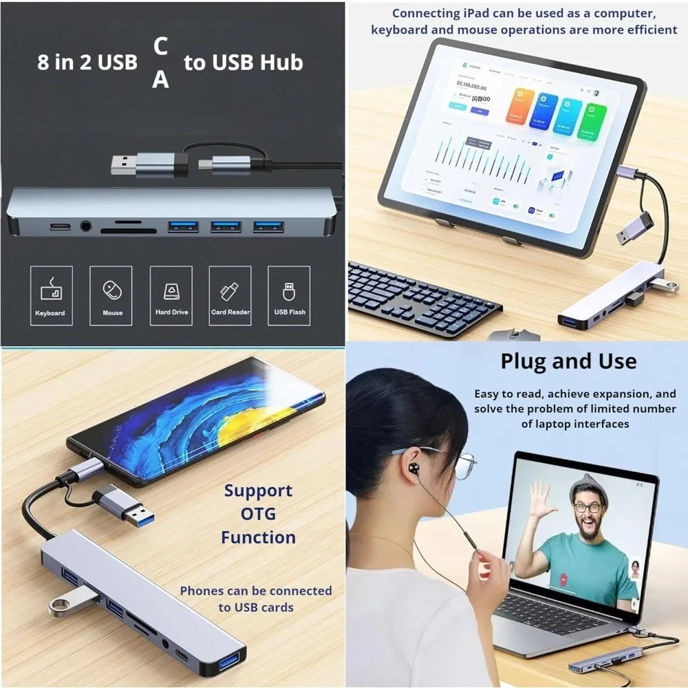 8 in 2 Type C USB HUB Docking Station with 3.5mm Audio Jack for Micro SD Card Reader MacBook Laptop Tablet Phone Disk Converter