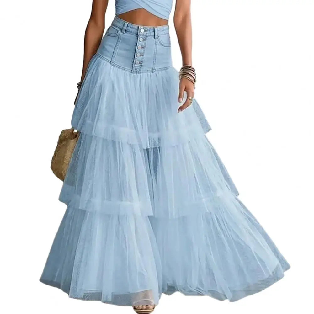 Maxi Skirt Women Skirt Women’s High Waist Mesh Skirt Breathable Patchwork Maxi Versatile Wedding Night Out Summer Mesh Skirts