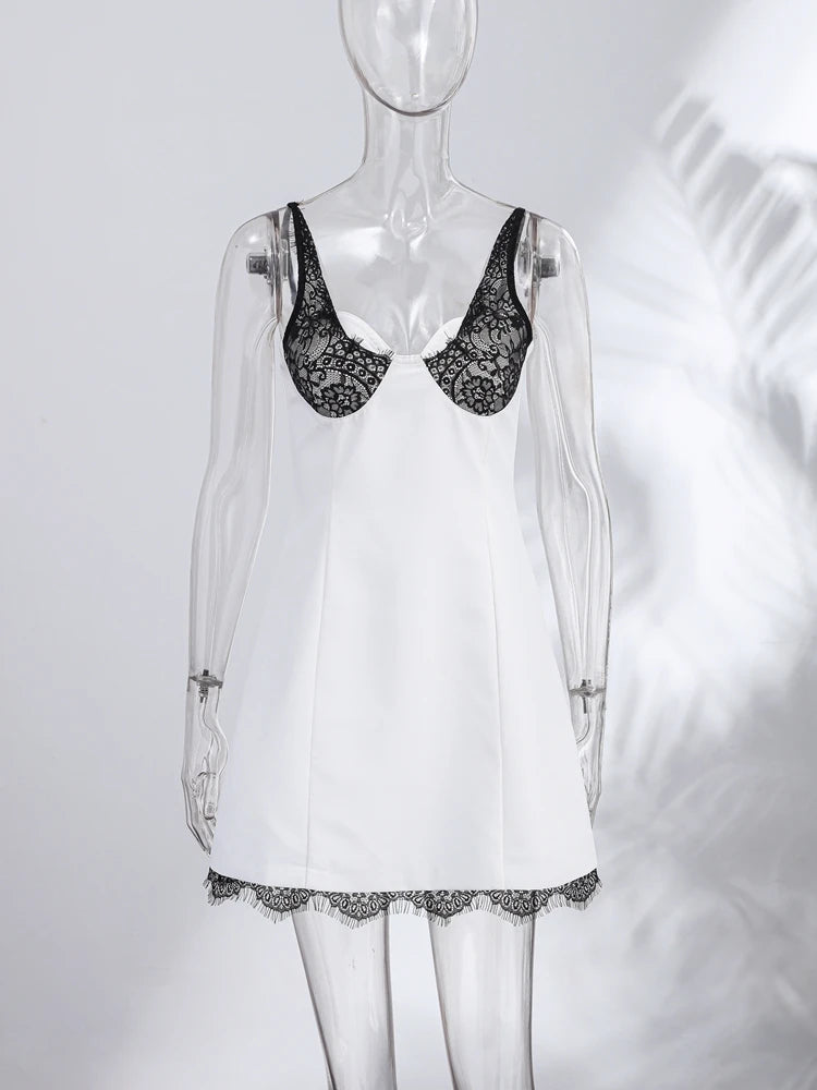 Sexy Lace Sling Patchwork Dress Women V Neck Sleeveless Backless Slim A Line Mini Dresses 2026 Summer Lady Street Party Robe