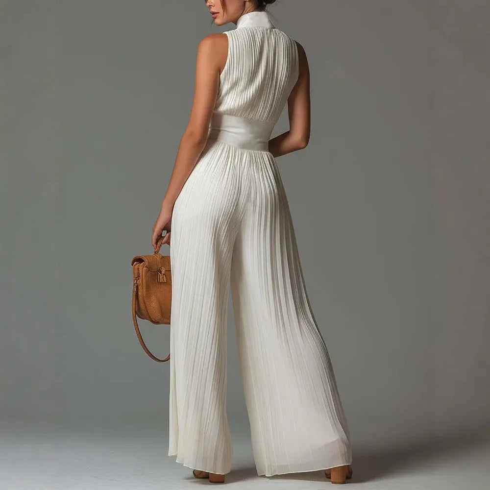 Women's White Pleated Halter Sleeveless Jumpsuit Front Zip High Waist Wide Leg Floor Length Elegant Party Long Romper For Ladies