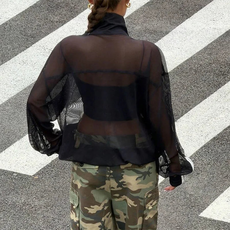 Summer Women's Y2K Streetwear Vintage Chinese Style Sheer Mesh Stand Collar Long Sleeve Loose Side Stripe Frog Button Jacket