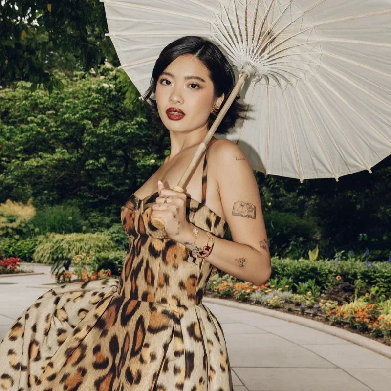 Leopard Print Sleeveless Sling Dress For Women Fashion Chic Backless A Line Dresses 2025 Elegant Female High Street Vestidos