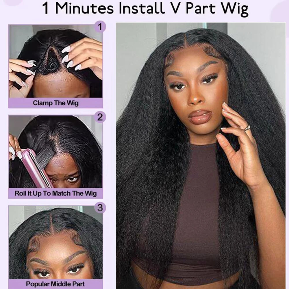 16-32 Inch Kinky Straight V Part Wig Machine Wig Human Hair Yaki Straight Machine Remy Hair Wigs V Part Wig Machine Wigs