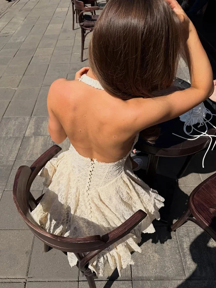 V Neck Halter Lace Mini Skirt Women Fashion Waist Cinched A Line Dress Backless Sleeveless Short Vestidos Summer Lady Dresses