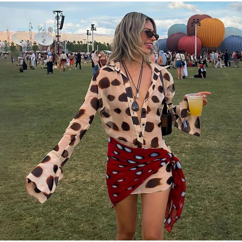 Sexy Printed With Detachable Scarf Women's Shirt Dress Lapel Collar Full Sleeve Button Mini Dresses 2026 Summer Chic Female Robe