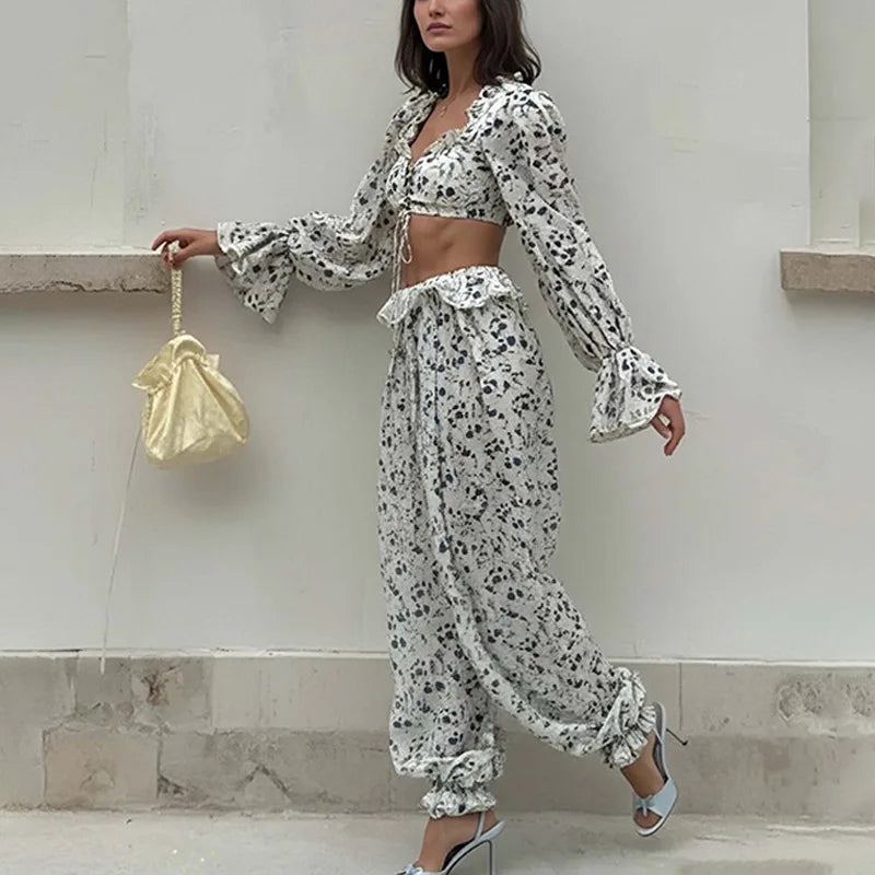 Ruffled Trousers Short Tops Two-piece Set Spring Summer Women's Long-sleeved Waist Casual Fashion Trousers Set Костюм Женский