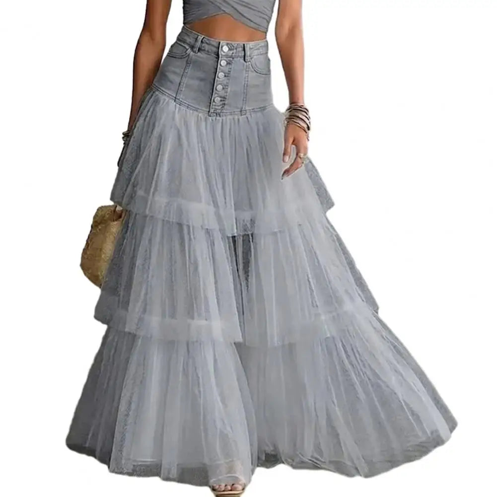 Maxi Skirt Women Skirt Women’s High Waist Mesh Skirt Breathable Patchwork Maxi Versatile Wedding Night Out Summer Mesh Skirts