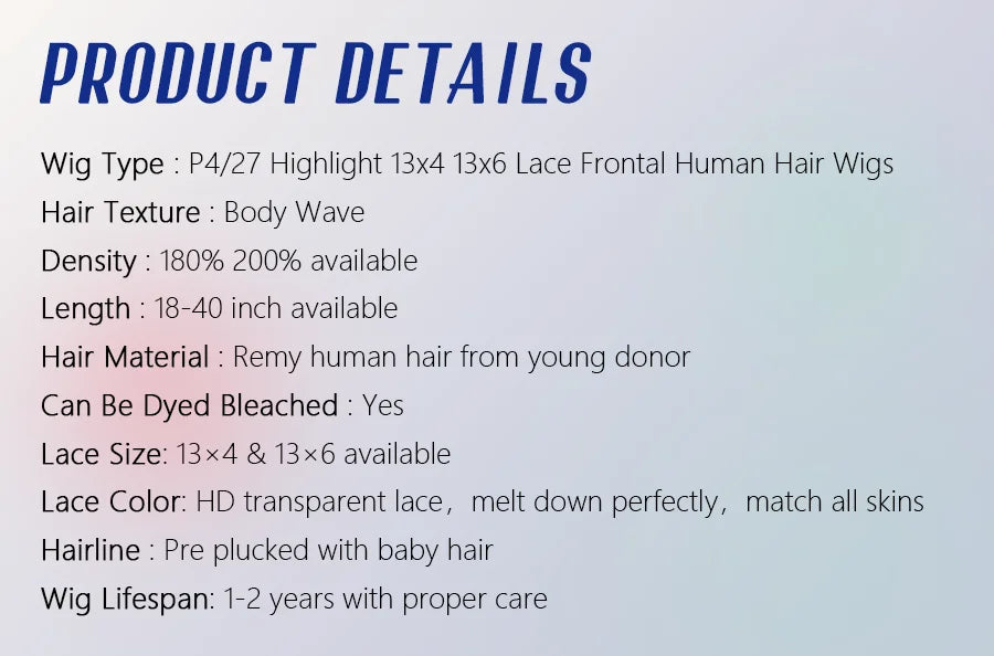 P4/27 Highlight Body Wave 40 Inch Long-length & 200% High Density Human Hair Wigs HD Transparent Skin-melt Swiss Lace Frontal Wig
