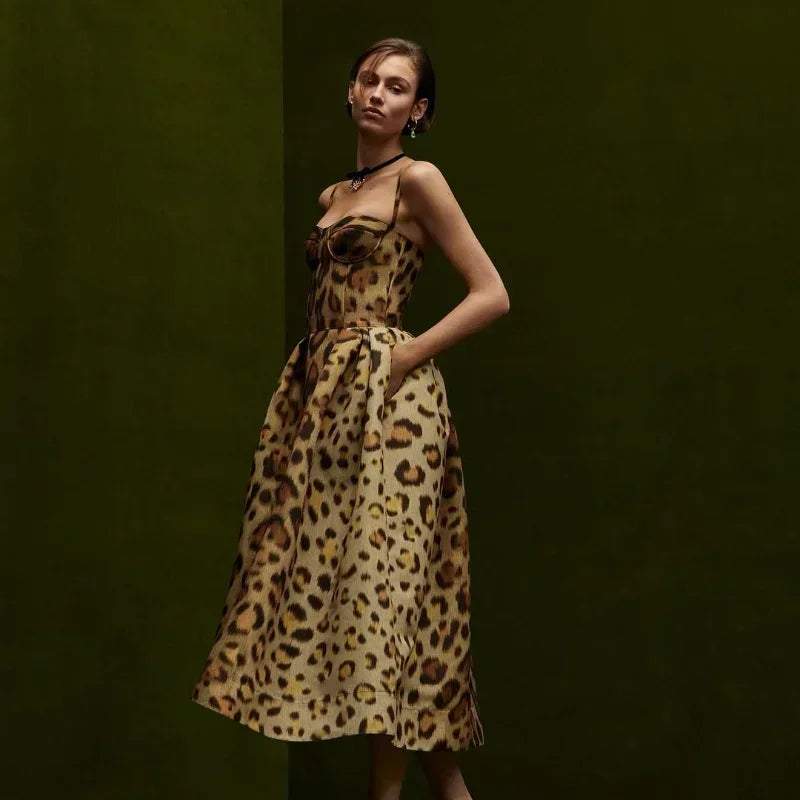 Leopard Print Sleeveless Sling Dress For Women Fashion Chic Backless A Line Dresses 2025 Elegant Female High Street Vestidos