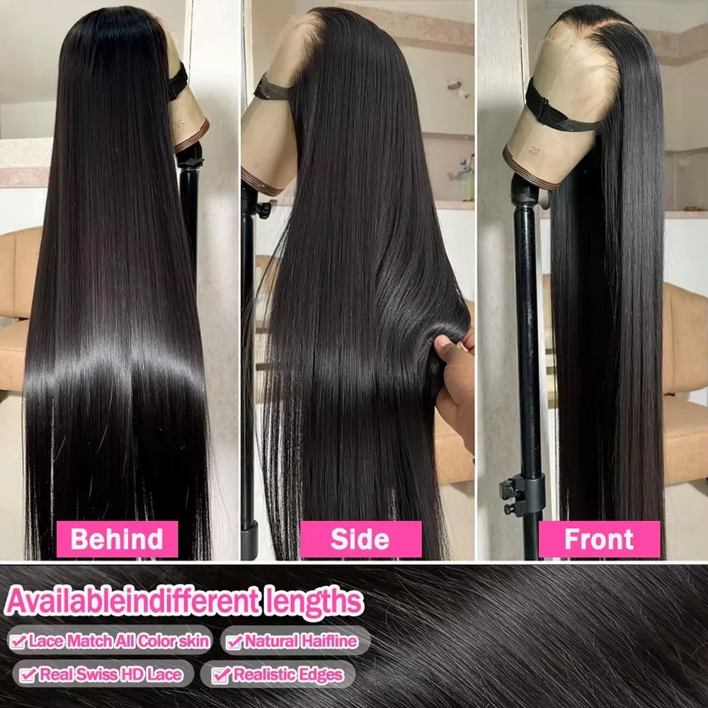 Brazilian 100% Human Hair Wigs 4x4 Glueless Put on and Go Wig 40 Inch 13x4 HD Transparent Bone Straight Lace Frontal Wigs 13x4 Pre Plucked Human Hair Wigs 250 Density for Women