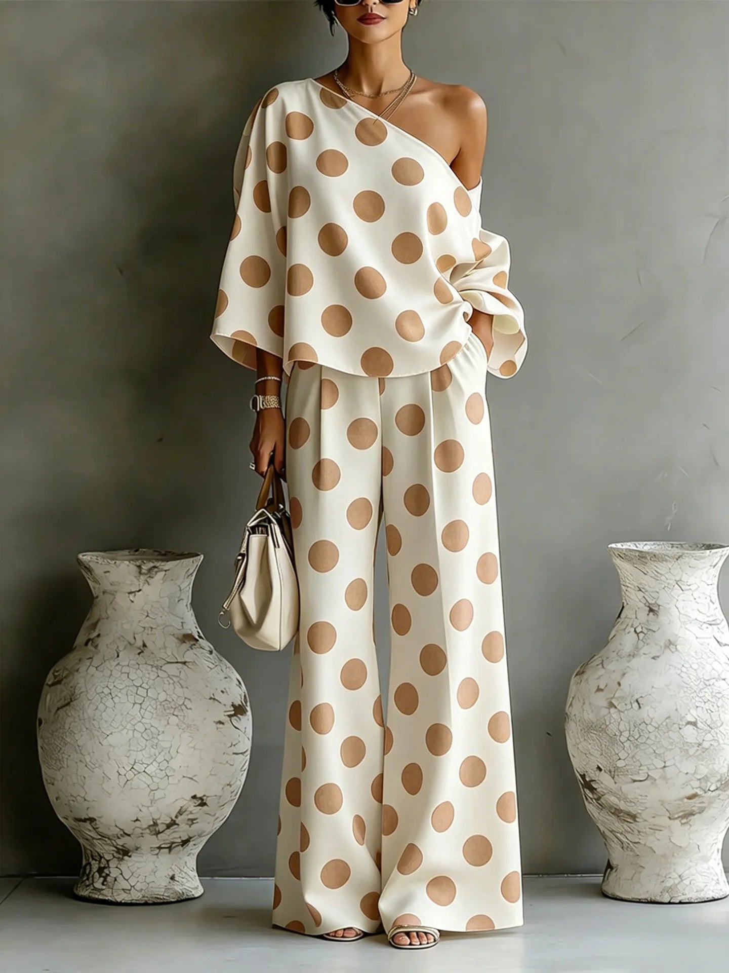 Summer New Color Wave Point Set Women Slant Shoulder Open Back Top+High Waist Wide Leg Pants Vacation Style Loose 2 Piece Suit