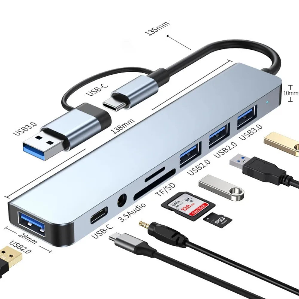 8 in 2 Type C USB HUB Docking Station with 3.5mm Audio Jack for Micro SD Card Reader MacBook Laptop Tablet Phone Disk Converter