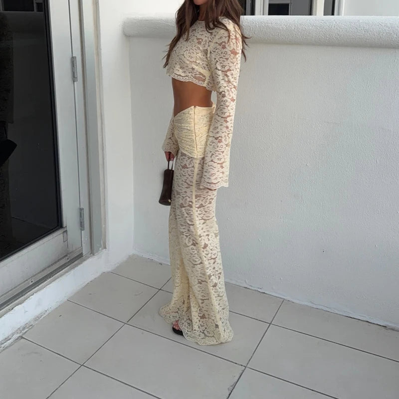 Hollow-out Embroidered Lace Two Piece Sets for Women Sexy O Neck Crop Top & Slim Pants Suit Spring Summer Party Clubwear Outfits