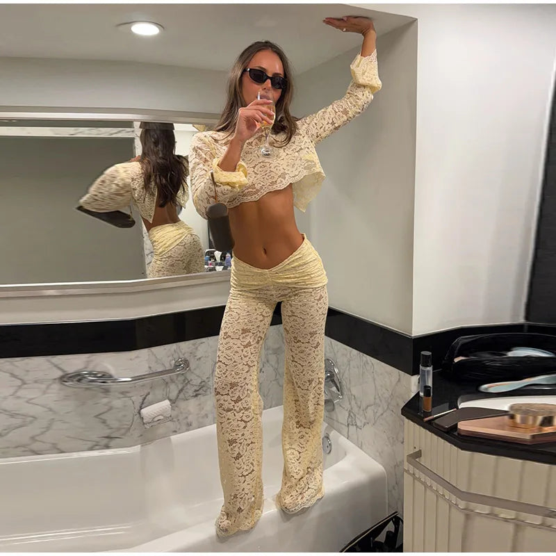 Casual Lace Crop Top Pants Suit Women Solid Patchwork Full Sleeve O-neck Shirt Long High Waist Trousers 2026 Fashion Set Lady
