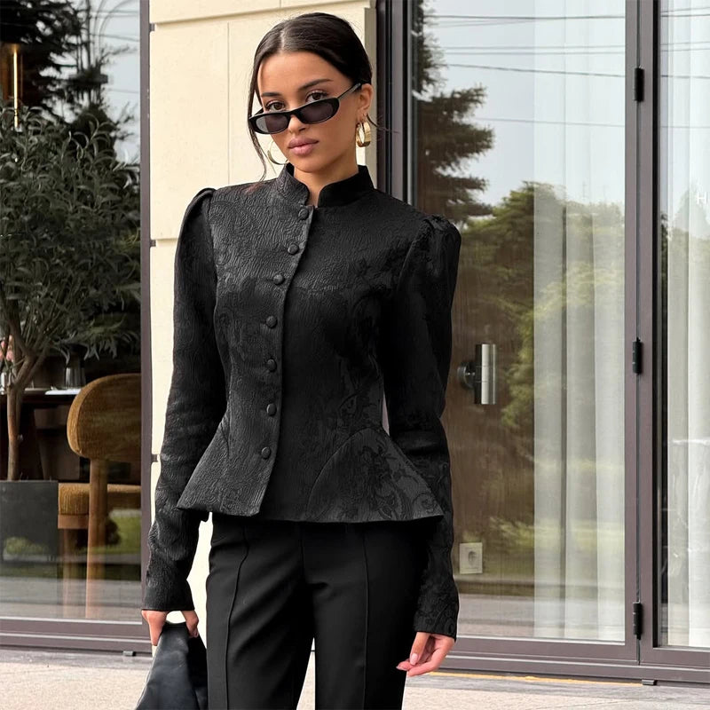 Solid Color Jacquard Glossy Satin Tops Women Chic Stand Collar Single Breasted Slim Fit Short Coats 2026 Lady Daily Outwear New