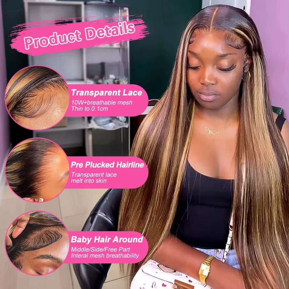 Highlight Front Wigs Human Hair Pre Plucked Hairline 4/27 5x5 Glueless Lace Straight Wig Human Hair Wigs For Women 250 Density