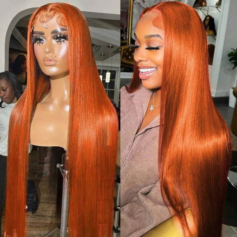 30 Inch Orange Ginger Straight Lace Front Wigs Human Hair 350 Colored Brazilian 13X4 HD Transparent Lace Frontal Wigs For Women