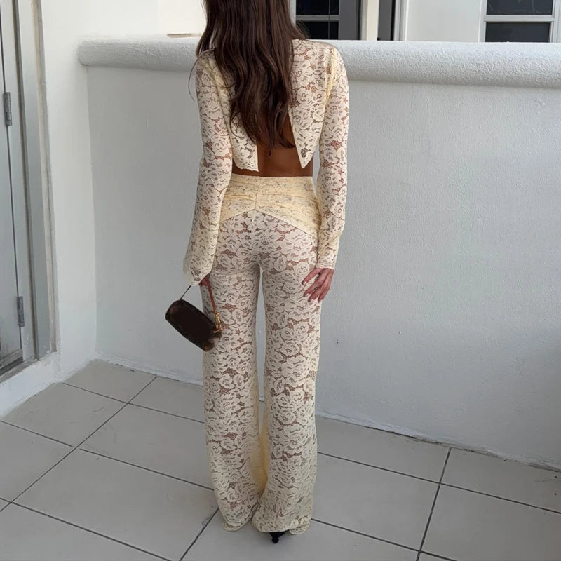 Hollow-out Embroidered Lace Two Piece Sets for Women Sexy O Neck Crop Top & Slim Pants Suit Spring Summer Party Clubwear Outfits