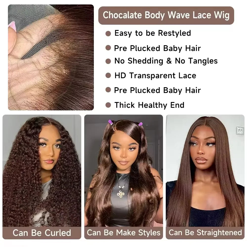13x6 Chocolate Brown HD Lace Front Human Hair Wigs Body Wave Human Hair Wig 46 Inch 200Density Colored Human Hair Wigs For Women