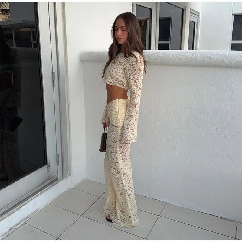 Casual Lace Crop Top Pants Suit Women Solid Patchwork Full Sleeve O-neck Shirt Long High Waist Trousers 2026 Fashion Set Lady