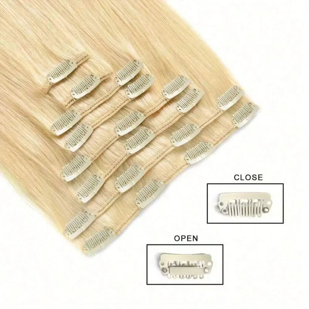 8pcs Clip In Hair Extensions Real Human Hair Clip Ins Human Hair Extension With 18 Clips Double Weft For Women Blonde Color #613