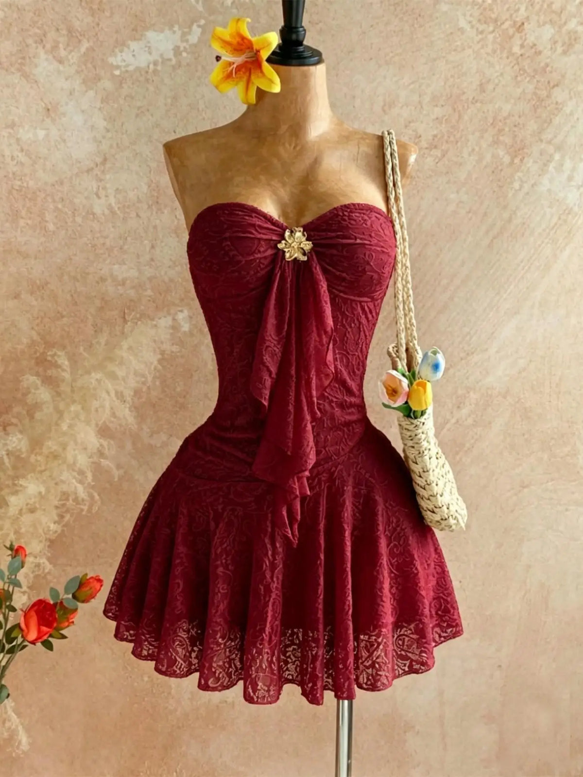 Women Sweetheart Strapless Embossed Lace Mini Night Dress, Front Ruffle Floral Brooch, Slim Fit Flared Skirt, Soft Cozy Loungewear, Nightwear, Feminine, Cute, Loungewear Nightdress