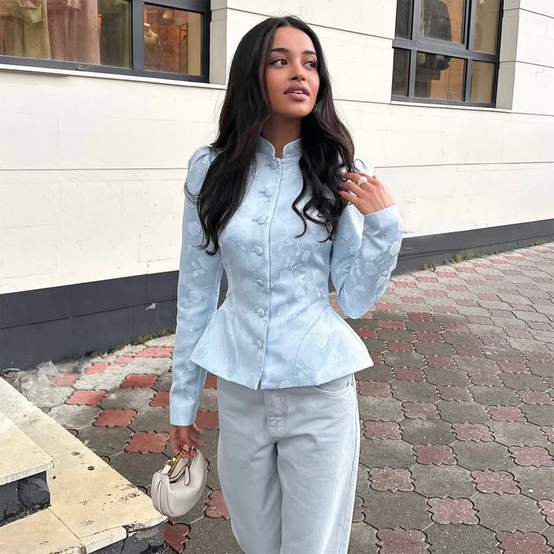Solid Color Jacquard Glossy Satin Tops Women Chic Stand Collar Single Breasted Slim Fit Short Coats 2026 Lady Daily Outwear New